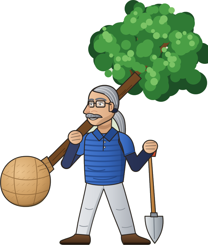 Illustration of Louie carrying a balled tree over his shoulder and a shovel in his hand